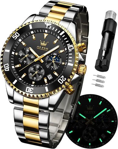 OLEVS Watches for Men Stainless Steel Analog Quartz Chronograph Moon Phase Watch Waterproof Date Luminous Wrist Male Watches,Gift for Men in Saudi Arabia