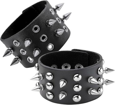 Eigso 2 Pcs Spike Studded Rock Punk Biker Wide Strap Leather Bracelet Set Gothic Rivet Buckle Wristband for Men Women in Saudi Arabia
