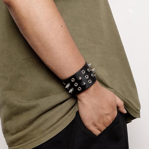 Eigso 2 Pcs Spike Studded Rock Punk Biker Wide Strap Leather Bracelet Set Gothic Rivet Buckle Wristband for Men Women in Saudi Arabia