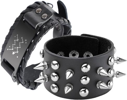 Eigso 2 Pcs Spike Studded Rock Punk Biker Wide Strap Leather Bracelet Set Gothic Rivet Buckle Wristband for Men Women in Saudi Arabia