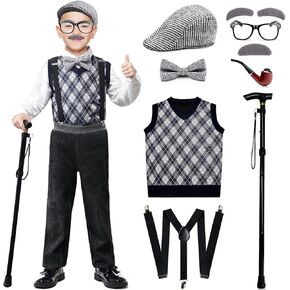 Kids 100 Days of School Costume Boys-Halloween Grandpa Old Man Costume with Accessories for 100th Day of School Party