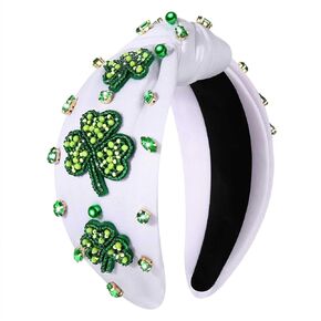 boderier St.patricks Day Headband Green Top Hat Shamrock Headband Jeweled Crystal Knotted Headband Holiday Party Accessories (Beaded Shamrock2)
