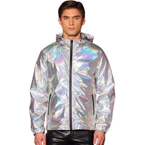 Lars Amadeus Holographic Jackets for Men's Long Sleeves Zipper Hooded Jackets Metallic Coats