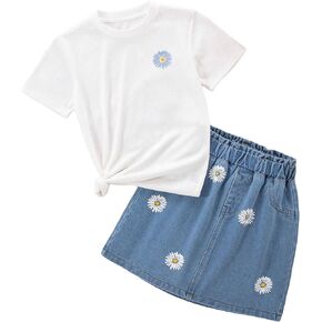 Floerns Girl's 2 Piece Outfit Short Sleeve Tee Shirt with Denim Skirt Set