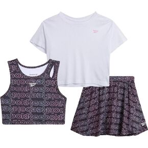 Reebok Girls' Active Skirt Set - 3 Piece Performance Mesh T-Shirt, Crop Tank Top, and Skirt - Activewear Set for Girls (7-12)