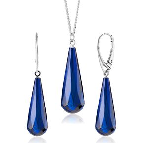 Blue Amber Faceted Drop Pendant Necklace & Earrings Set, Lightweight Women's Jewelry, 925 Sterling Silver, Leverback Closure,Lobster Claw Chain
