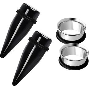 Awinrel 2 Pairs Black Acrylic Ear Tapers and 316L Stainless Steel Tunnels Plugs Gauges Ear Stretching Kit