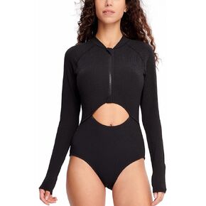 HUGE SPORTS Women's One Piece Swimsuits Cutout High Cut Bathing Suit Long Sleeve Swimwear Rash Guard for Women