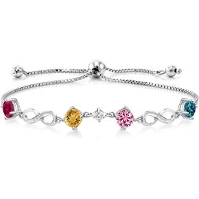 Gem Stone King 925 Sterling Silver Customized and Personalized Name Engraved 4-Stone Gemstone Birthstone and Lab Grown Diamond Adjustable Infinity Tennis Link Bracelet For Women By Keren Hanan