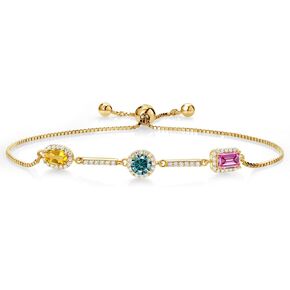 Gem Stone King Keren Hanan Build Your Own Personalized 3-Stone Oval Round and Octagon Cut Birthstones 18K Yellow Gold Plated Silver Fully Adjustable Bracelet For Women