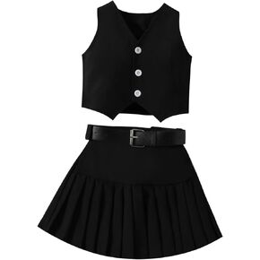 Kids Girls Summer 2 Piece Outfits Solid Color Sleeveless Button Vest Tank Tops+Pleated Skirt with Belt Clothes Set