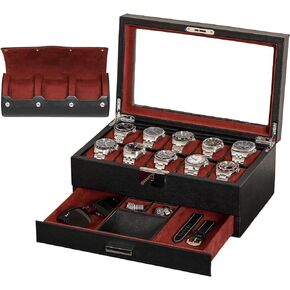 10 Slot Leather Watch Box with Matching 3 Slot Watch Roll - Luxury Watch Case Display Organizer Microsuede Liner, Locking Mens Jewelry Watches Holder, Men's Storage Boxes Holder Glass Top Black/Red