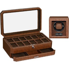 Gift Set 12 Slot Leather Watch Box with Valet Drawer & Matching Single Watch Winder - Luxury Watch Case Display Organizer, Locking Mens Jewelry Watches Holder, Men's Storage Boxes Glass Top Tan/Brown