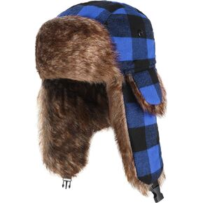 SATINIOR Unisex Trapper Hat Faux Fur Plaid Earflaps Hat with Chin Strap Winter Hunting Hats Warm Lining Hat for Women Men