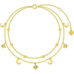 SISGEM 14K/10K Yellow Gold Star Moon Anklet for Women,Real Gold Beads Station Anklet Bracelet Tassel Double Foot Link Beach Anklets Fine Jewelry Birthday Gifts for Her 8"+2" in Saudi Arabia