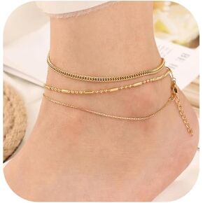 Gold Ankle Bracelets for Women 14k Gold Waterproof Layered Link Chain Anklets Set Jewelry Gift Adjustable Size