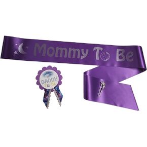 Mommy to Be & Daddy Sash Button Pin for Galaxy Baby Shower It's a Girl Boy for parents to wear, Purple Glitter Sprinkle