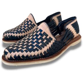 Mexico en la Piel Leather Shoes For Men, Checkered Braided Handmade Loafer Sandals