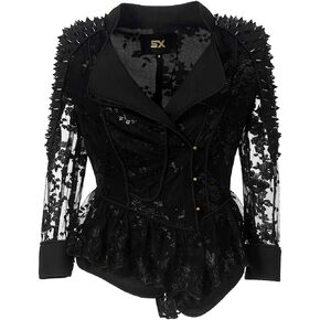 LFS Women's Punk Rivet Motorcycle Jacket Fashion Zipper Asymmetric Studded Perfectly Shaping Faux Leather Biker Coat