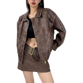 chouyatou Women's Fall Distressed Faux Leather Bomber Jacket Motorcycle Oversized Leather Jacket