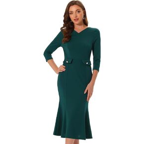 Allegra K Vintage Bodycon Fishtail Dress for Women's 3/4 Sleeve Midi Church Work Dresses
