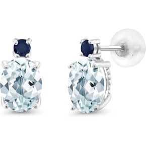 Gem Stone King 14k White Gold Sky Blue Aquamarine and Blue Sapphire Earrings For Women (2.4Cttw, GemstoneMarch Birthstone, Oval 8X6MM, Round 2.5MM)