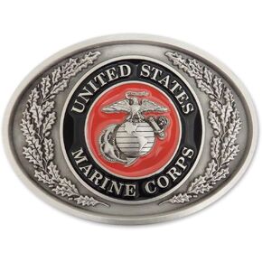 US MARINE CORPS Crest Traditional Design Pewter Belt Buckle with Enamel MADE IN USA