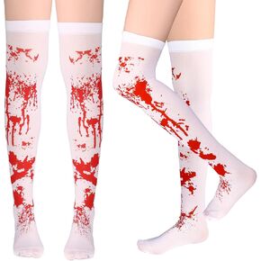 Halloween Bloody Stockings Cosplay High Socks White and Red Blood Stained Costume Hosiery Horror Over Knee Thigh Long Stockings for Women Girls Halloween Party Cosplay in Saudi Arabia