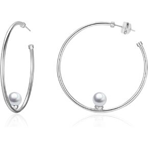 HUONGWIN Large Silver Pearl and 14k Gold Plated Hoop Earrings for Women