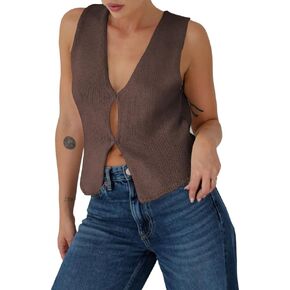 BZB Sweater Tank Tops for Women 2024 Summer Basic V Neck Crochet Knit Vest Sexy Button Casual Y2k Sweater Sleeveless Top