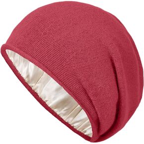 Facecozy Satin Lined Beanie for Women Knit Slouchy Beanie Silk Lining Beanie Soft Winter Hat for Women Skullies Beanies (Burgundy)