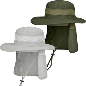 IYEBRAO 2 Pack Mens UV Protection Sun Hat with Neck Flap Summer Foldable Mesh Boonie Cap for Fishing Hiking Garden Work