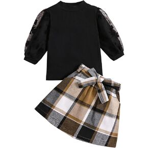 Girl's Skirt Sets 2 Piece Floral Mesh 3/4 Sleeve Casual Shirt and Plaid Skirt Outfits Set 5-13T