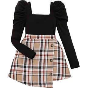 Milumia Girl's 2 Piece Outfits Puff Long Sleeve Knit T Shirt with Plaid Wrap Skirt Set