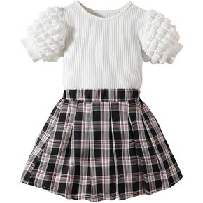 AMMENGBEI طفل صغير فتاة ملابس الصيف نفخة قصيرة الأكمام بلايز منقوشة تنورة Skort مجموعة الاطفال 2 قطعة ملابس الموضة in Kuwait