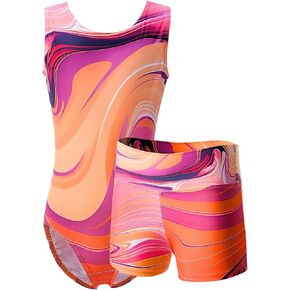 Dancina Marble Line Gymnastics Leotards for Girls with Shorts for Ages 4-14