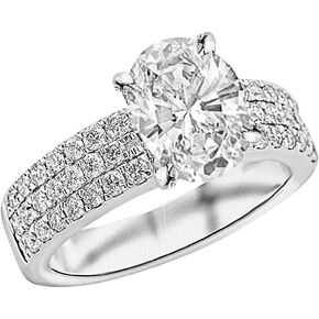 14K White Gold 3.25 Carat LAB GROWN DIAMOND Modern Triple Three Row Pave Set Round Cut Oval Cut Diamond Engagement Ring (E-F Color VS2-SI1 Clarity 2.5 Ct Center)