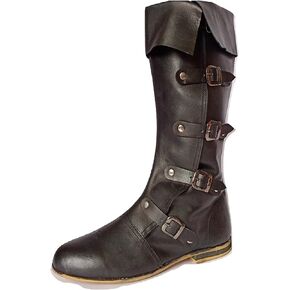 AnNafi Medieval Leather Boots 4 Buckle | Renaissance Loafer Long Boot Pirate Costume Viking Mens Shoes SCA LARP Riding