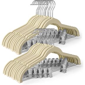HOUSE DAY Velvet Skirt Hangers 12 Pack, Beige Velvet Hangers with Adjustable Clips, Space Saving Slim Velvet Pant Hangers, Heavy Duty Shorts Hangers, Non Slip Clip Hangers for Pants, Skirts, Shorts