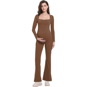 Foucome Maternity Jumpsuit Long Sleeve Square Neck Full Length Flare Pants Romper Pregnancy Shapewear Bodysuit