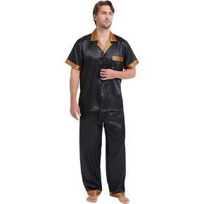 TONY AND CANDICE Men's Silk Satin Pajama Set Short Sleeve Loungewear Button Down Sleepwear with Long Pants