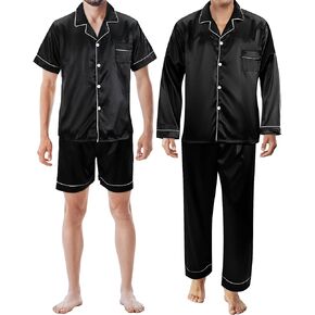 Halfchet 4 Pcs Mens Pajama Sets Black Men's Satin Pajamas Set Soft Sleepwear Button Down Classic Loungewear with Pockets