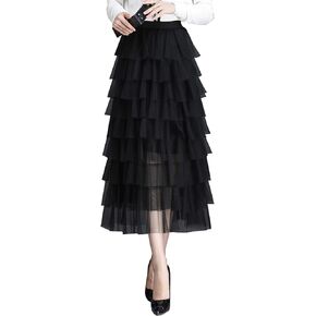 TONCHENGSD Women's Elastic Waist Tiered Layered Mesh Ballet Tulle Tutu Long Tiered Skirts