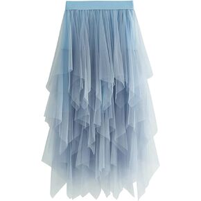 Women Mesh Tutu Skirt Layered Tulle Elastic High Waist Skirt Fluffy Irregular Hem Pleated A-line Midi Skirt