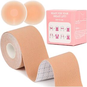QILIMA Breast Lift Tape, Boob Tape for Breast Lift w 2 Pcs Silicone Breast Reusable Adhesive Bra, Body Tape for Large Breasts A-G Cup, Nude