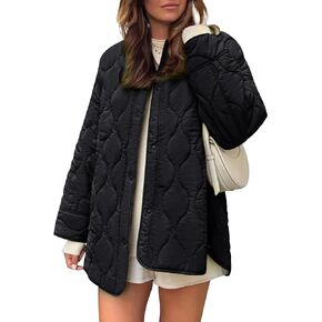 PEHMEA Women's Quilted Jacket Oversized Button Down Coat Fashion Bomber Outerwear with Pockets