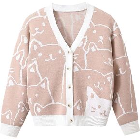 WDIRARA Girl's Cartoon Cat Pattern V Neck Button Front Long Sleeve Cardigan Sweater in Saudi Arabia