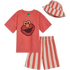 طقم تي شيرت قصير وقبعة من Sesame Street Elmo مكون من 3 قطع للأطفال الرضع وحتى الأطفال الصغار