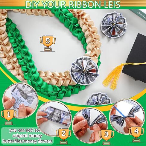 2025 Graduation Ribbon Leis 70 Inch Braided Graduation Ribbon Money Lei Braided Necklace Adjustable for High College Party Gift(Green and White) in Kuwait