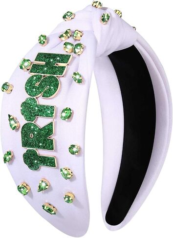 boderier St.patricks Day Headband Green Top Hat Shamrock Headband Jeweled Crystal Knotted Headband Holiday Party Accessories (Beaded Shamrock2) in Saudi Arabia
